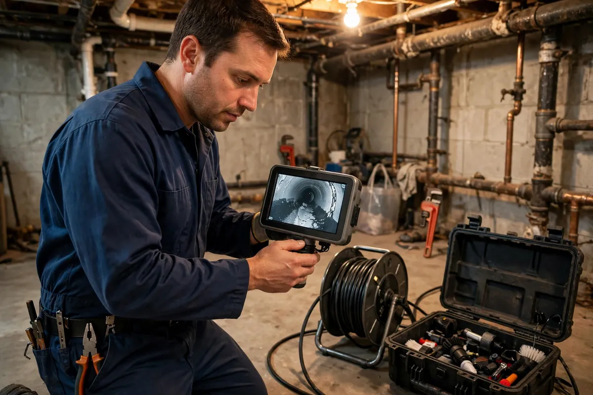 Technician reviewing sewer camera footage in a basement
